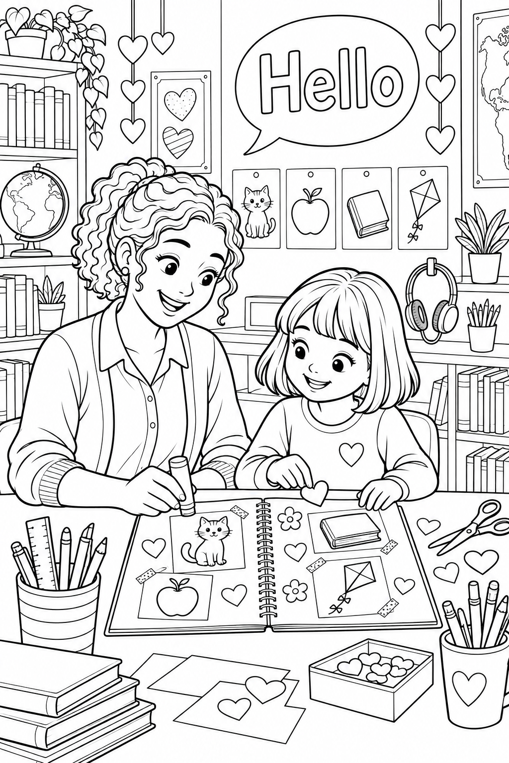 A girl and her female English teacher make a picture scrapbook in a classroom with a Hello display.