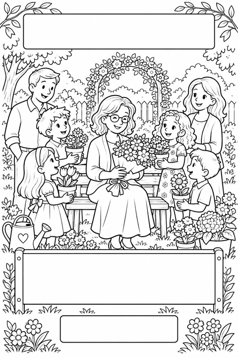 Black-and-white coloring card: A garden celebration for our teacher, with three blank writing areas.