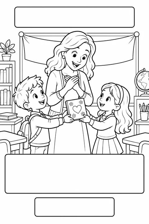 Black-and-white coloring card: A memory book for our teacher, with three blank writing areas.