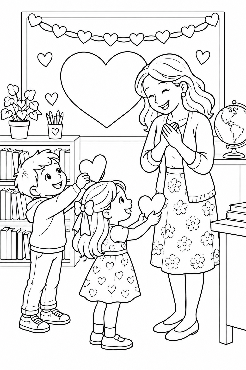Two children present paper hearts to their teacher beside a classroom board.