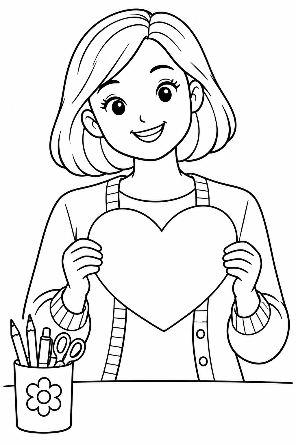 A smiling teacher holds a large heart-shaped card beside a pencil cup.
