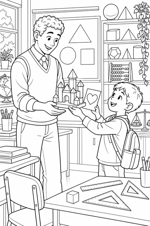 A boy gives his male math teacher a geometric castle model in a classroom full of math tools.