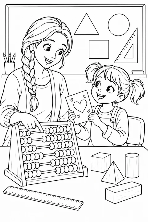 女の子が、そろばんと図形の積み木のそばで女の算数の先生にハートのカードを渡しています。