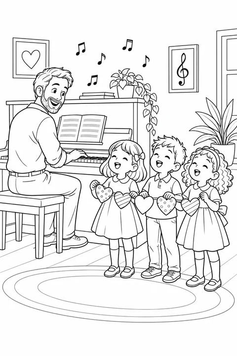 子どもたちがピアノのそばで歌い、音楽の先生へハートの飾りを贈っています。