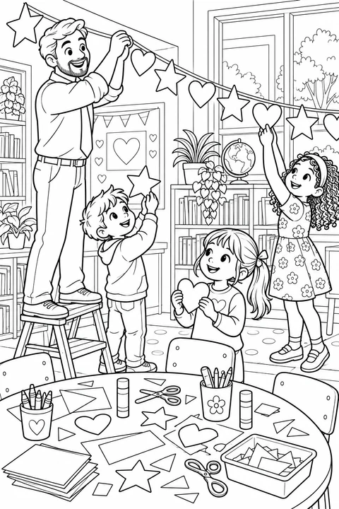 先生と子どもたちが、工作用の机の上に紙のハートや星をつるしています。