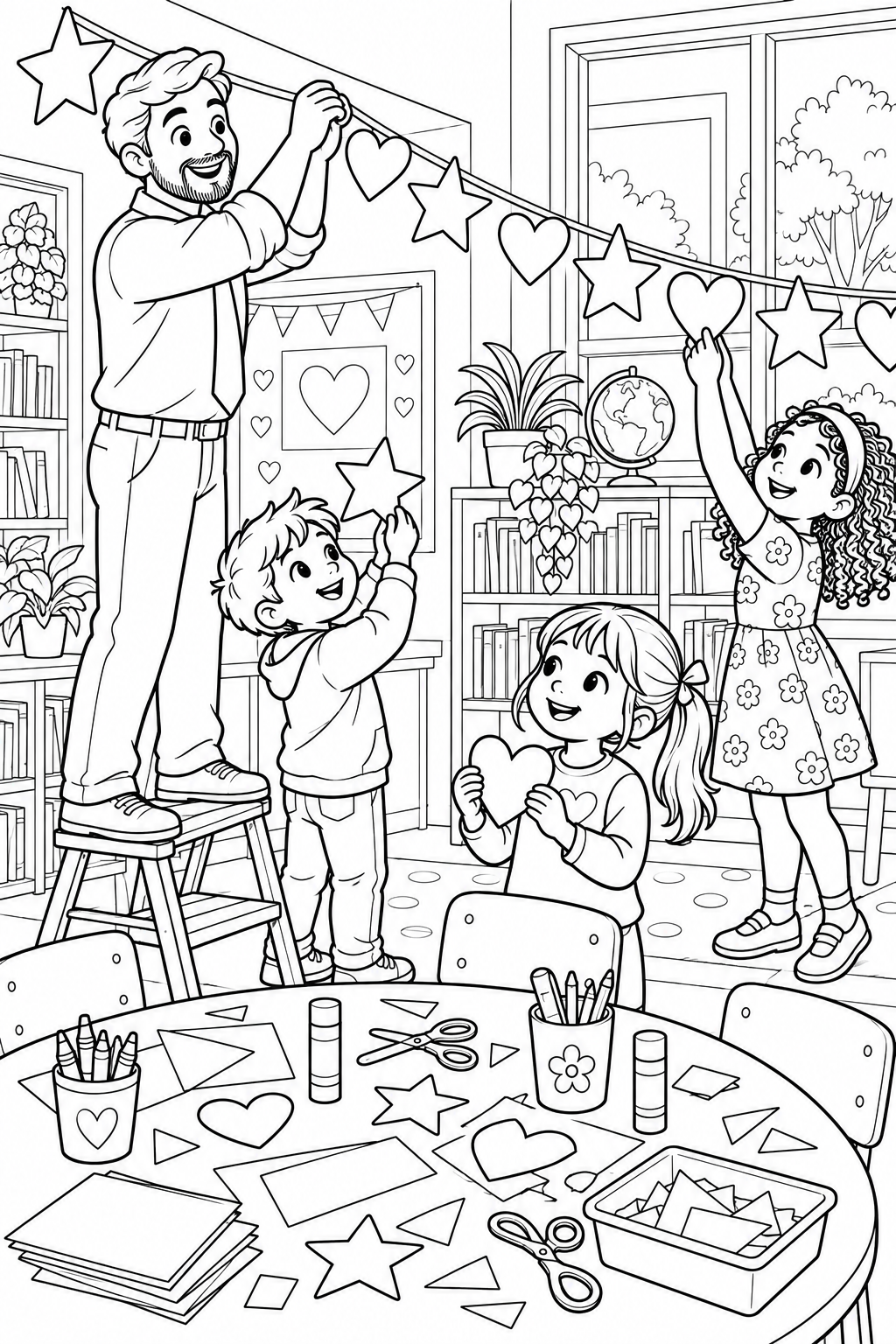 先生と子どもたちが、工作用の机の上に紙のハートや星をつるしています。
