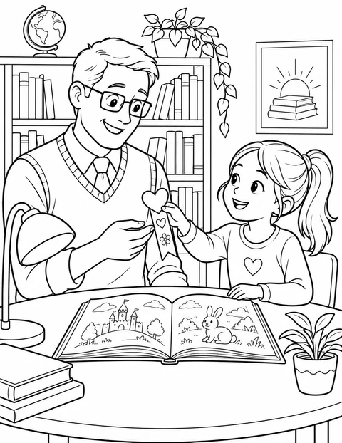 女の子が、開いた物語の本のそばで男の読書の先生にハートのしおりを贈っています。