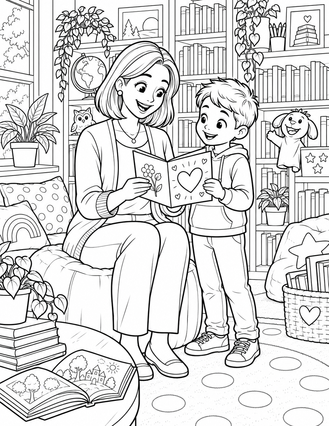 A boy shares a handmade storybook with his female reading teacher in the library.
