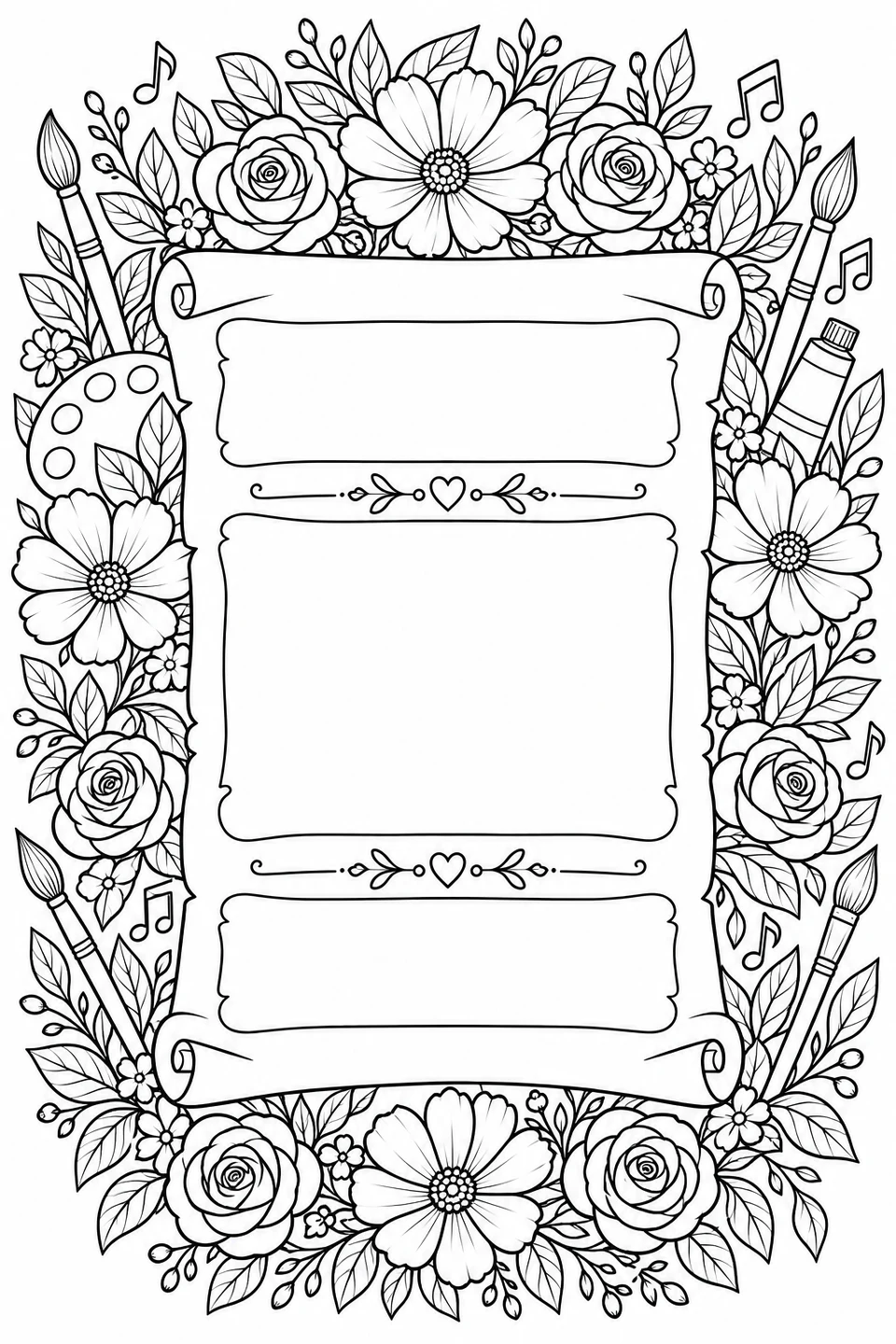 玫瑰、花朵、画笔和音符围成花环，装点送给老师的感谢卡。