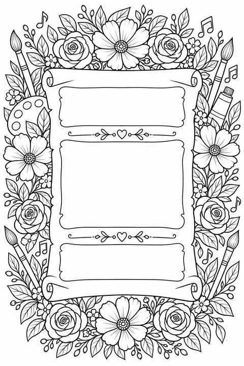 玫瑰、花朵、画笔和音符围成花环，装点送给老师的感谢卡。