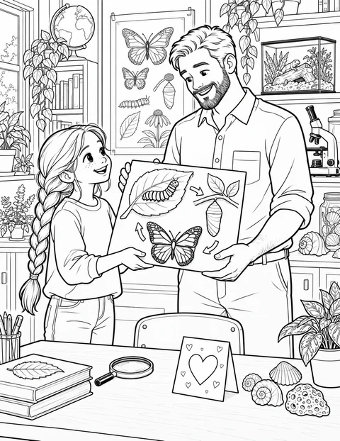 女の子が、男の理科の先生に幼虫、さなぎ、チョウを描いた自然観察の工作を見せています。