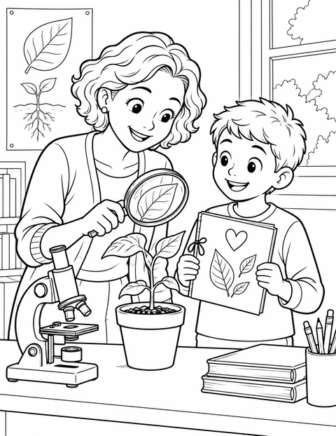 男の子が、苗や虫眼鏡、顕微鏡のそばで女の理科の先生に葉っぱの観察ノートを贈っています。