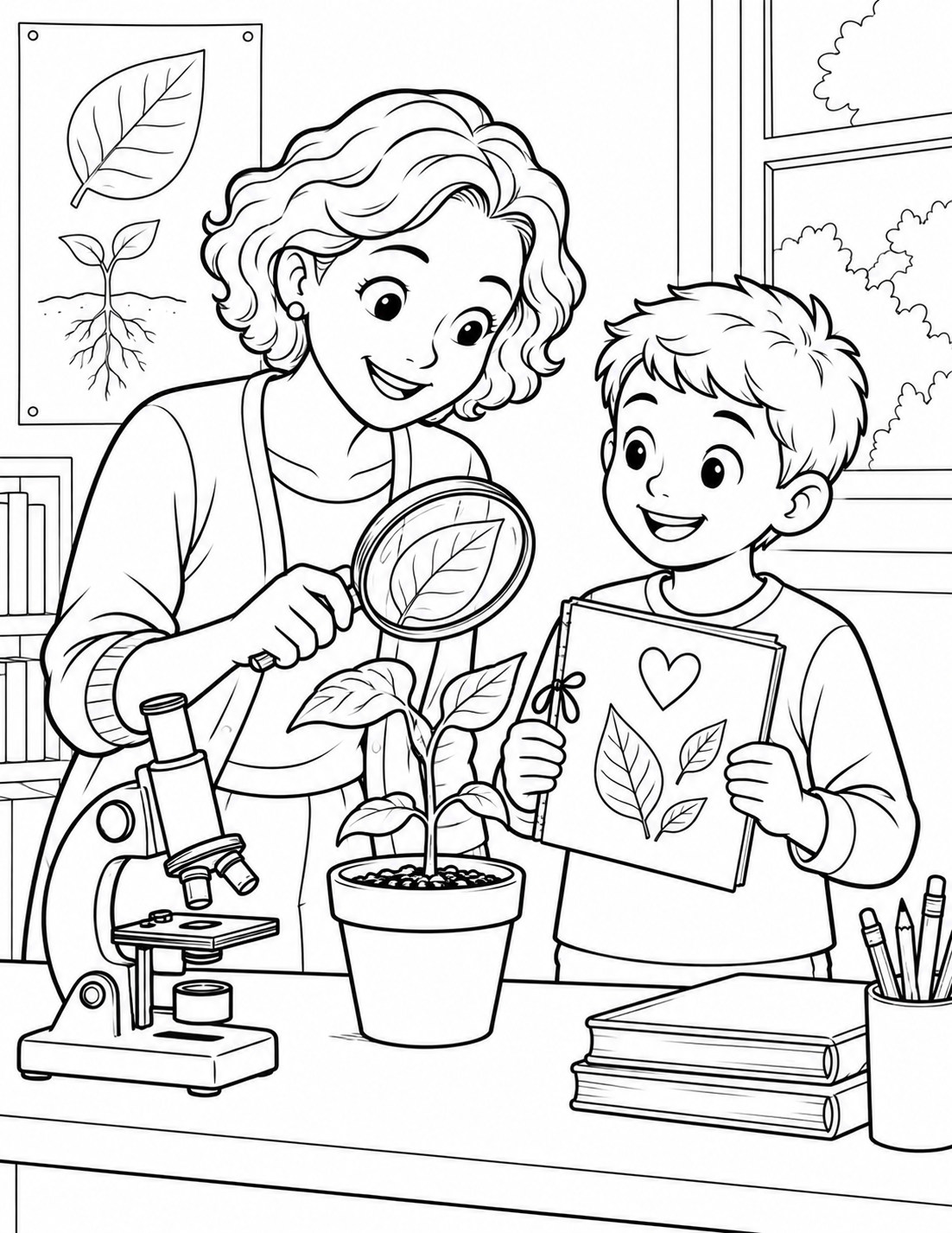男の子が、苗や虫眼鏡、顕微鏡のそばで女の理科の先生に葉っぱの観察ノートを贈っています。