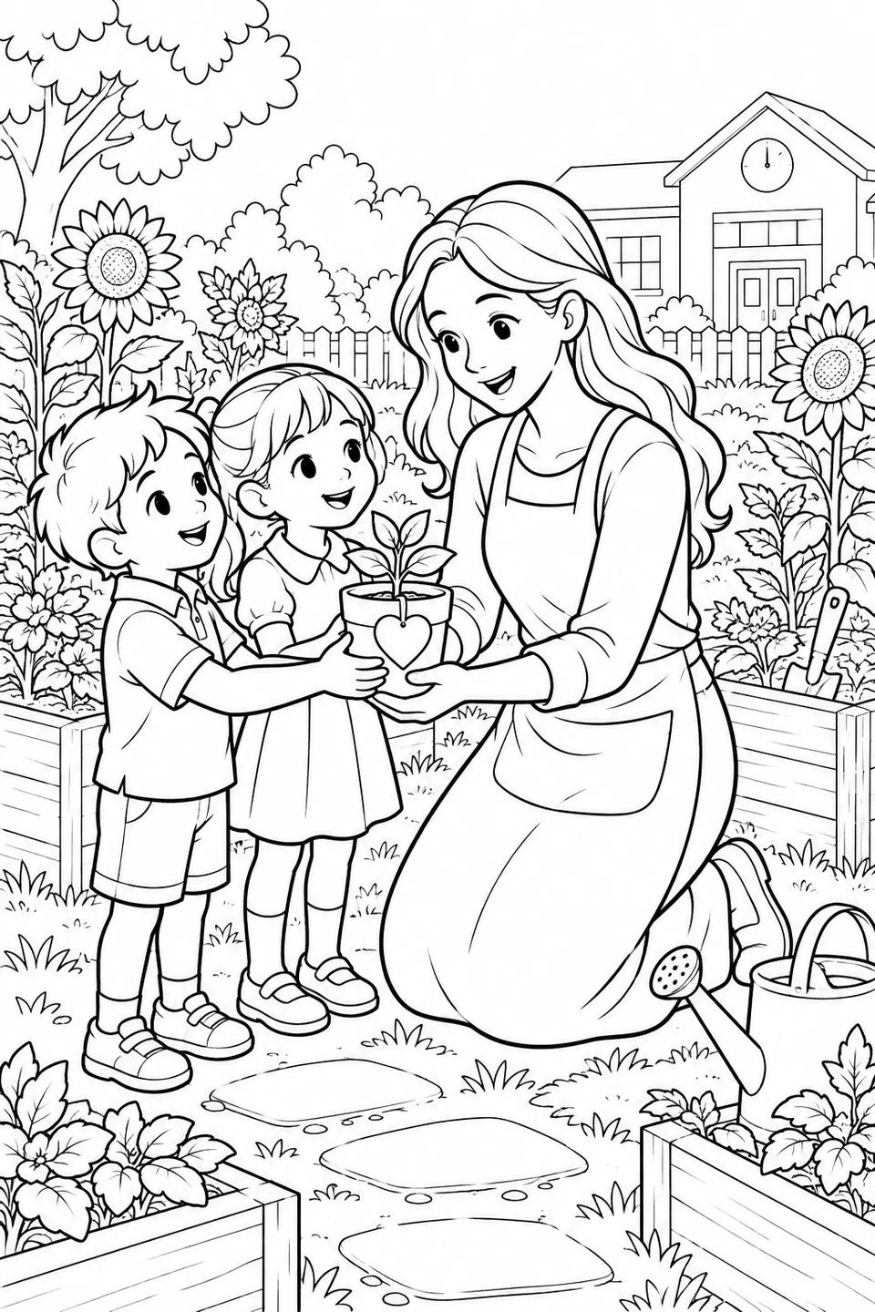 I bambini regalano alla maestra una piantina in vaso nel giardino della scuola.