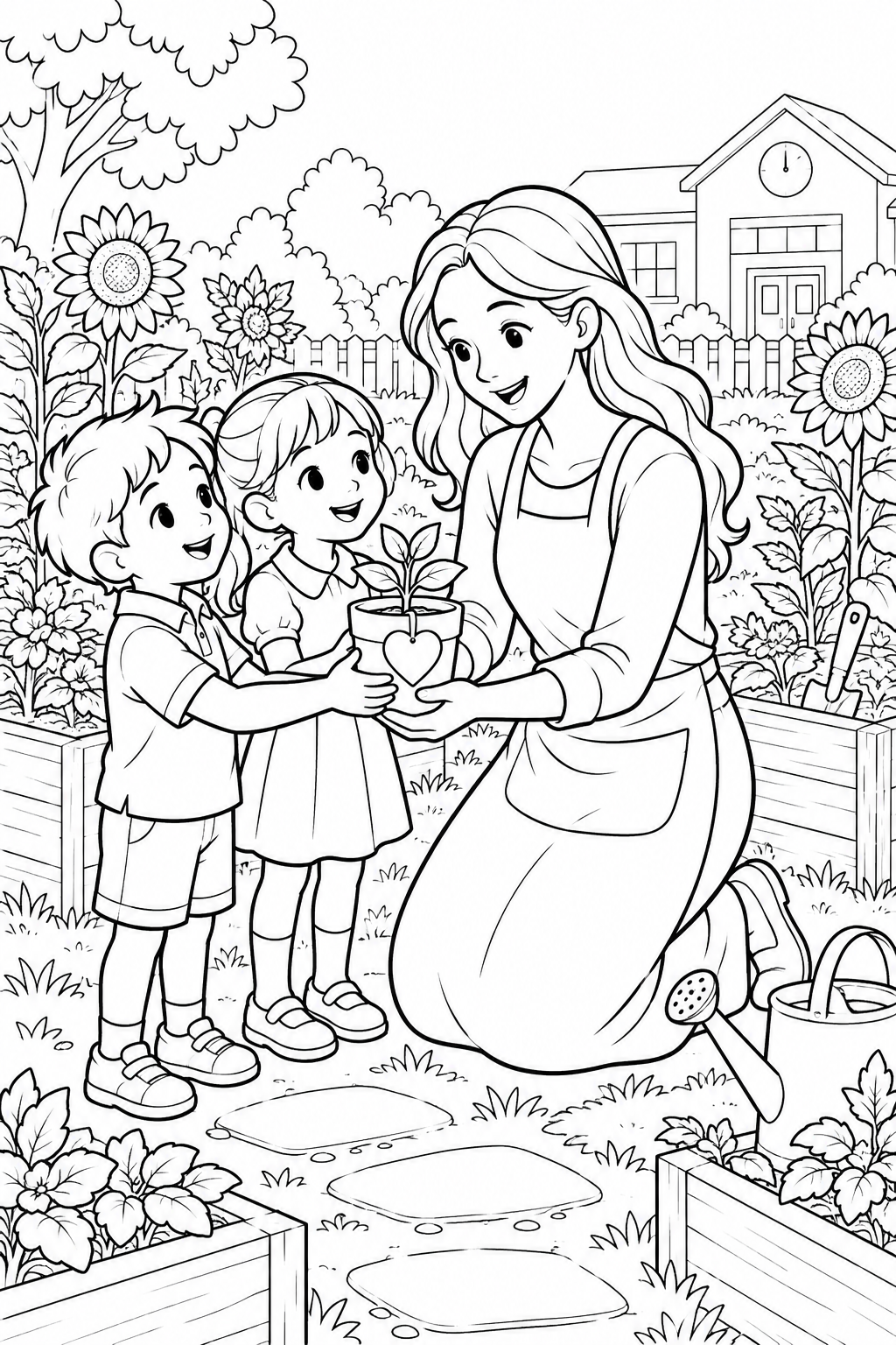 学校の庭で、子どもたちが女の先生に鉢植えの苗を渡しています。
