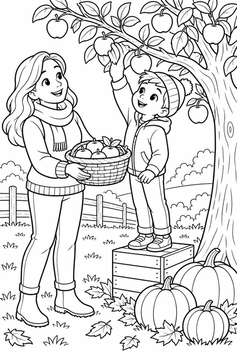 A child picks apples from a low box while a parent stands nearby in an autumn orchard.