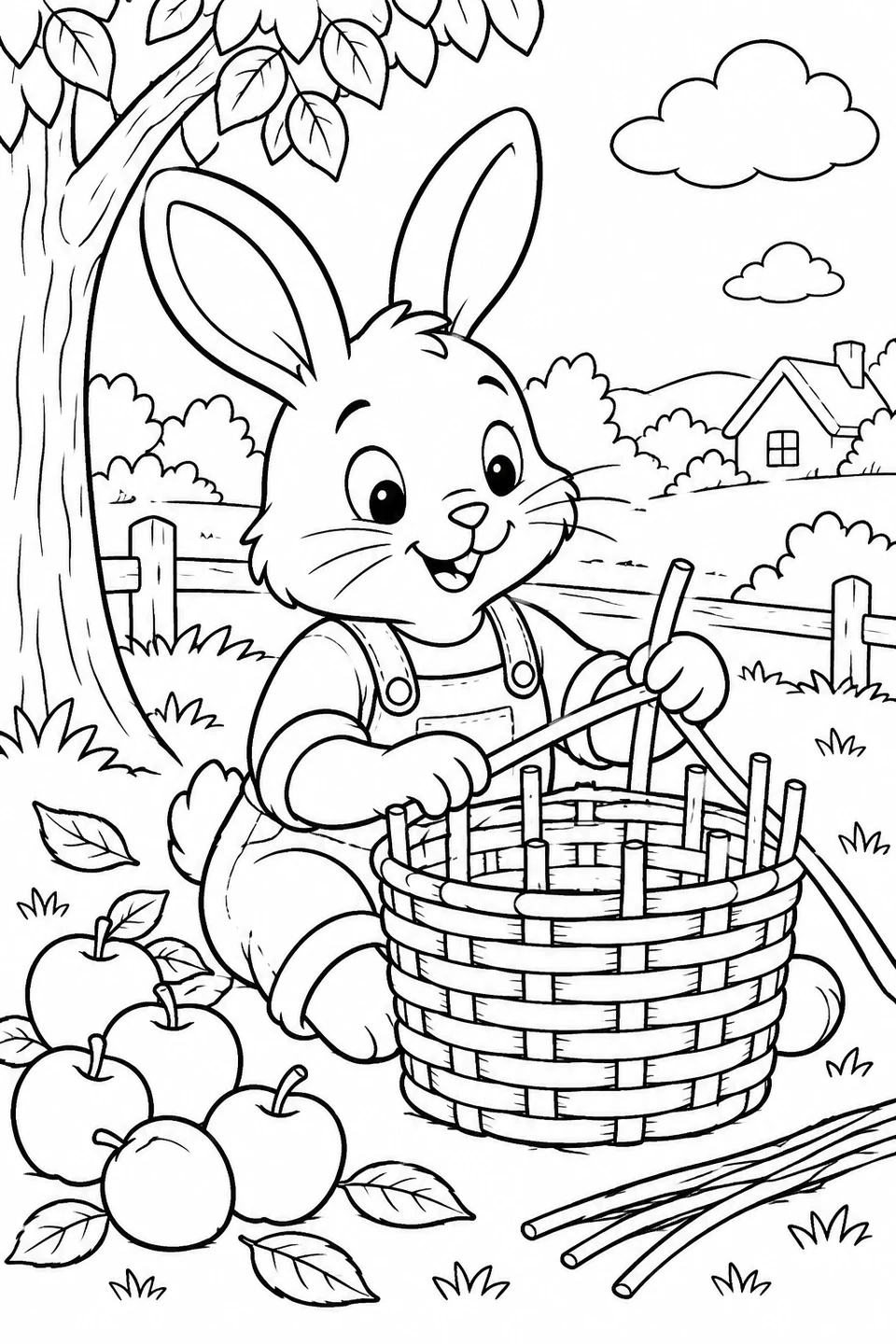 A rabbit in overalls weaves a basket with long strips beside a pile of apples. Color the woven pattern and this friendly Thanksgiving garden scene.