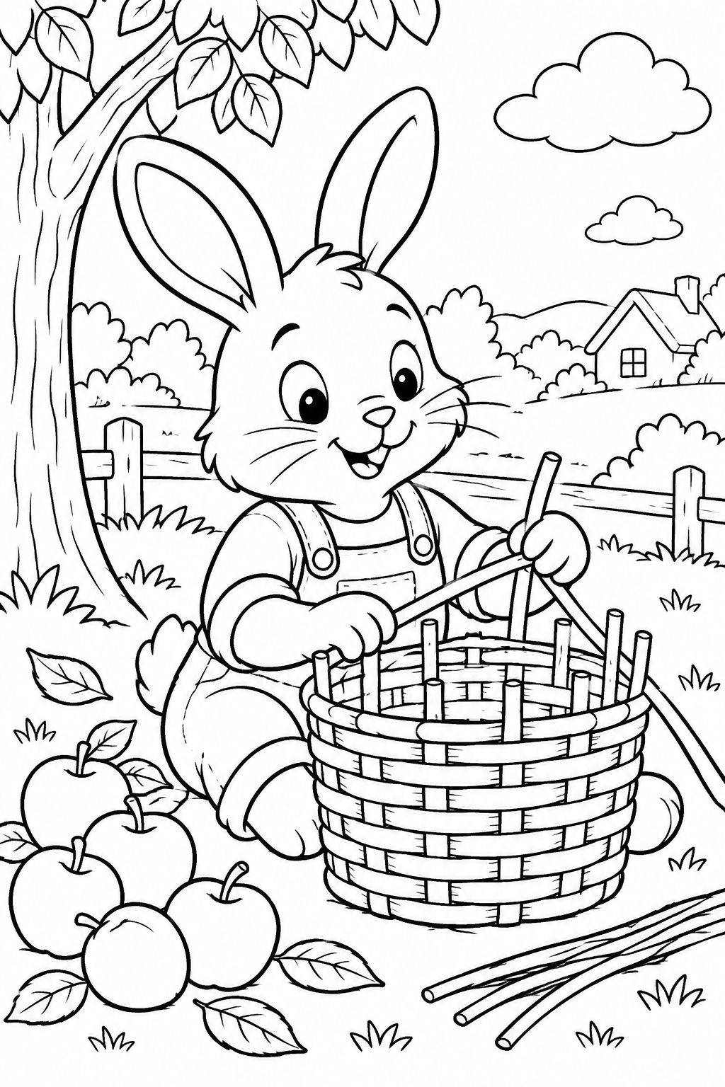 Ein Hase in Latzhose flicht neben Äpfeln einen Korb aus langen Streifen. Das Flechtmuster und die freundliche Gartenszene laden zum Ausmalen ein.