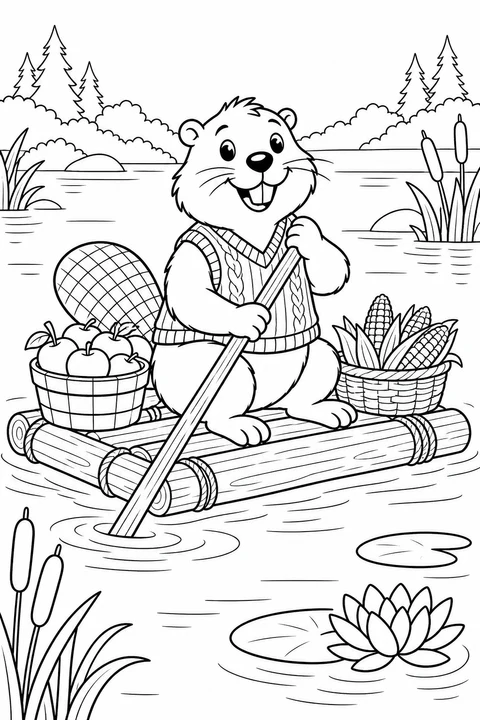A beaver in a vest paddles a log raft carrying a basket of apples and corn. Reeds frame this peaceful Thanksgiving pond scene.