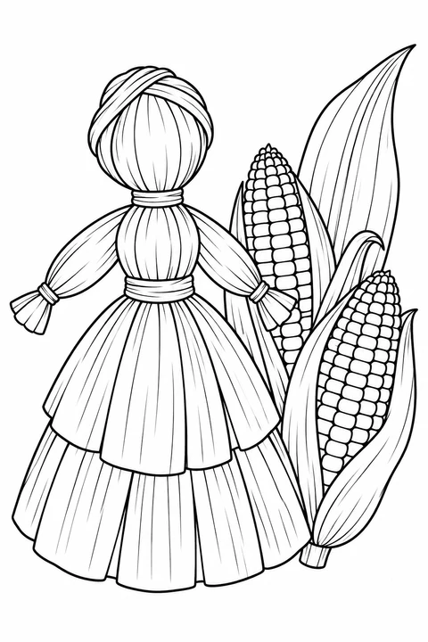 A corn husk doll with a layered skirt stands beside two ears of corn and a broad leaf.