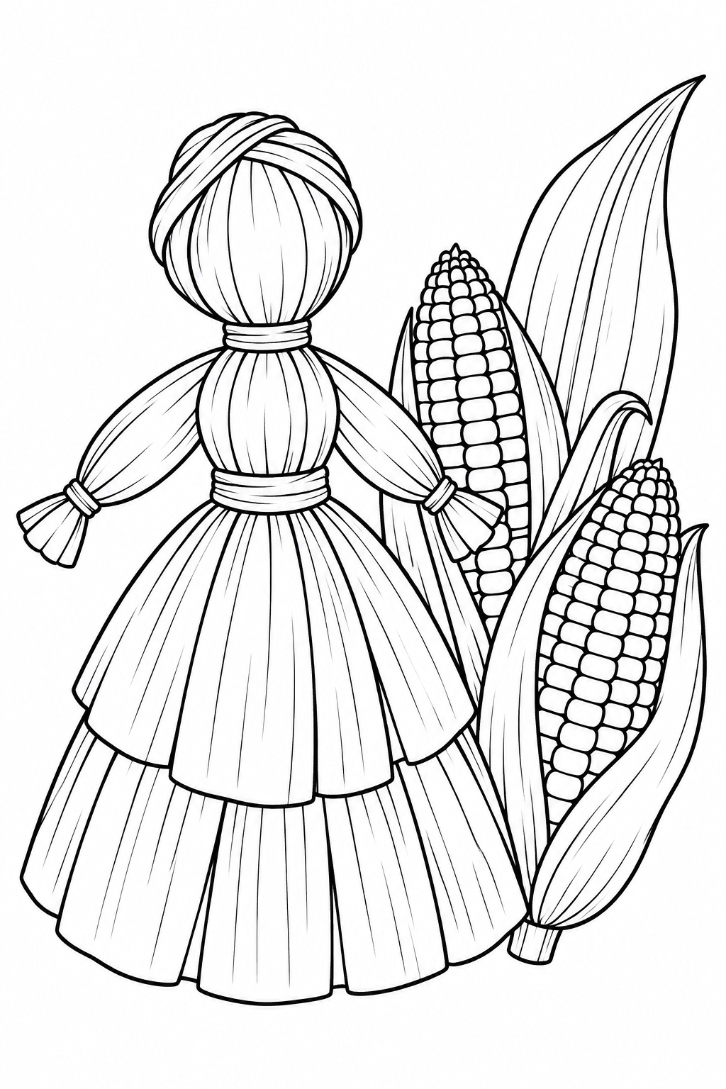 A corn husk doll with a layered skirt stands beside two ears of corn and a broad leaf.