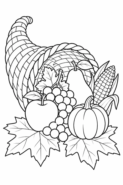 A woven cornucopia spills pumpkins, corn, grapes, an apple and a pear onto large autumn leaves.