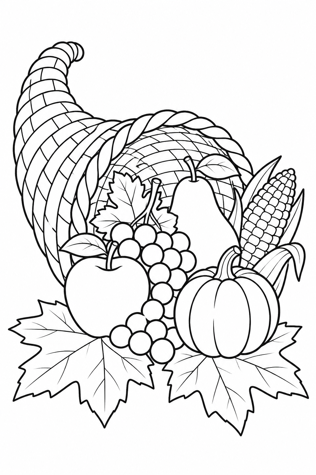 A woven cornucopia spills pumpkins, corn, grapes, an apple and a pear onto large autumn leaves.