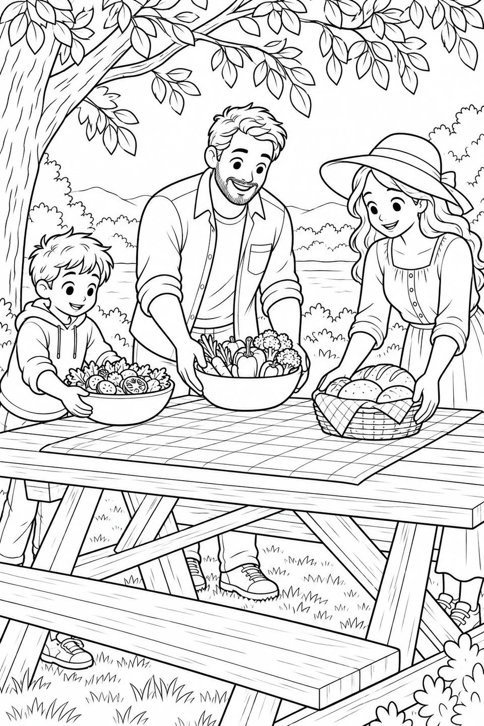 Two adults and a child gather around a picnic table with bowls of vegetables and bread beneath leafy branches.