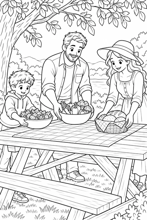 Two adults and a child gather around a picnic table with bowls of vegetables and bread beneath leafy branches.