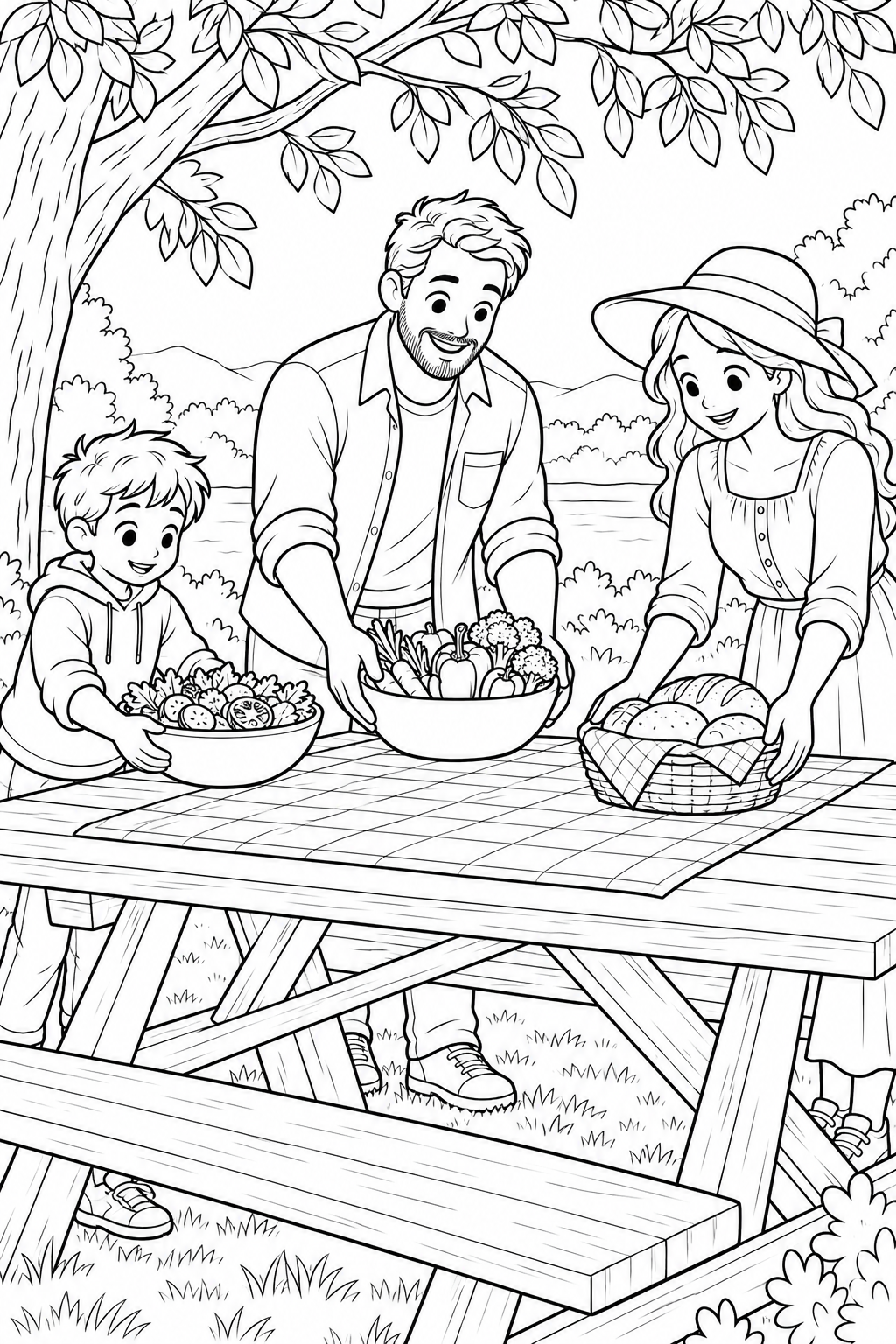 Two adults and a child gather around a picnic table with bowls of vegetables and bread beneath leafy branches.
