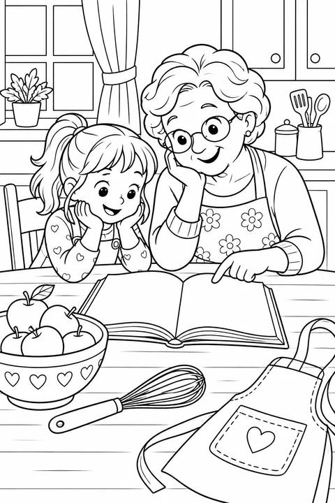 Grandma and a child look through a recipe book beside apples, a whisk and an apron. The blank pages leave room to imagine a family recipe.