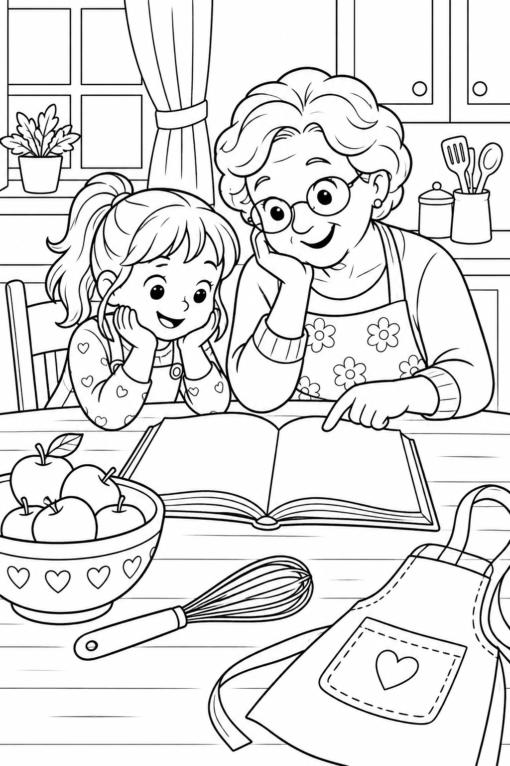 Grandma and a child look through a recipe book beside apples, a whisk and an apron. The blank pages leave room to imagine a family recipe.
