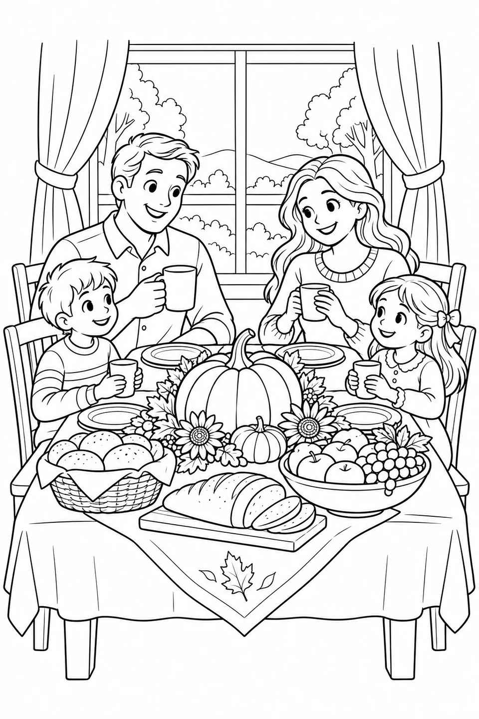 A family of four gathers around a table with bread, fruit and a pumpkin centerpiece.