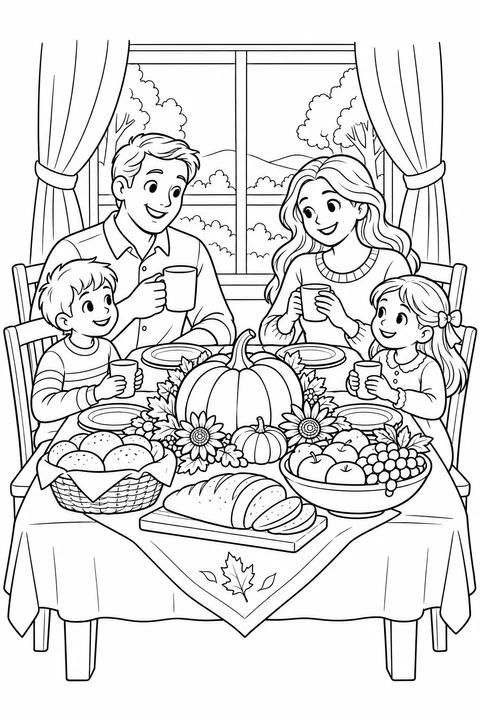 A family of four gathers around a table with bread, fruit and a pumpkin centerpiece.