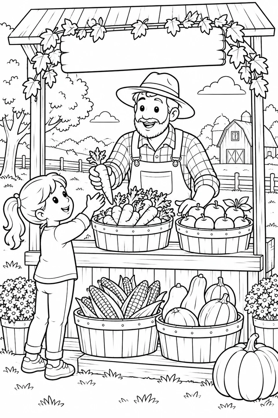 A farmer offers a carrot to a child at a stall filled with apples, corn and pumpkins. Leaf garlands frame this cheerful harvest scene.