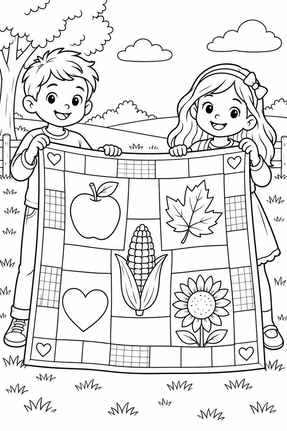 Two children hold a patchwork quilt with an apple, maple leaf, corn, hearts and a sunflower. Color each large panel in your own harvest palette.