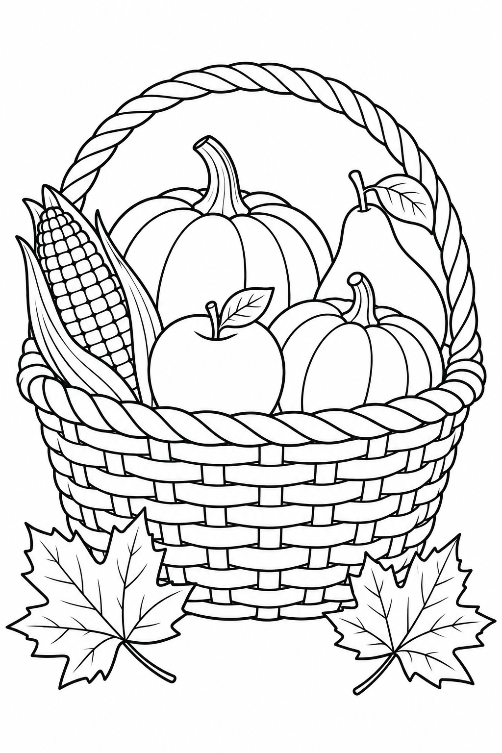 A woven basket holds pumpkins, corn, an apple and a pear, with two large autumn leaves beside it.