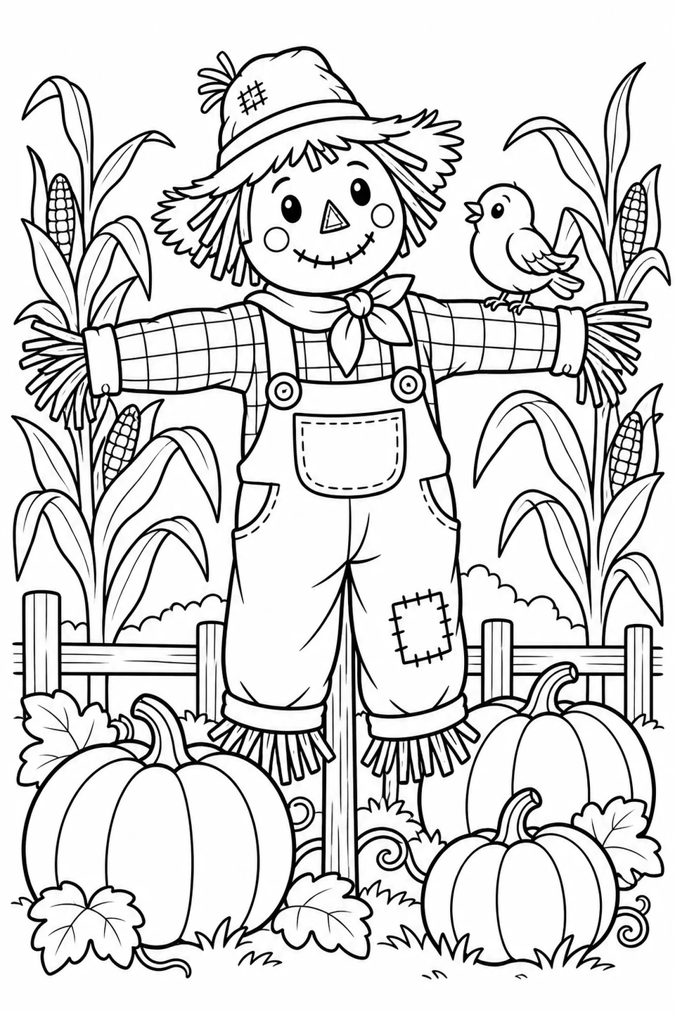 A smiling scarecrow in patched overalls stands among corn and pumpkins, with a little bird on its arm.
