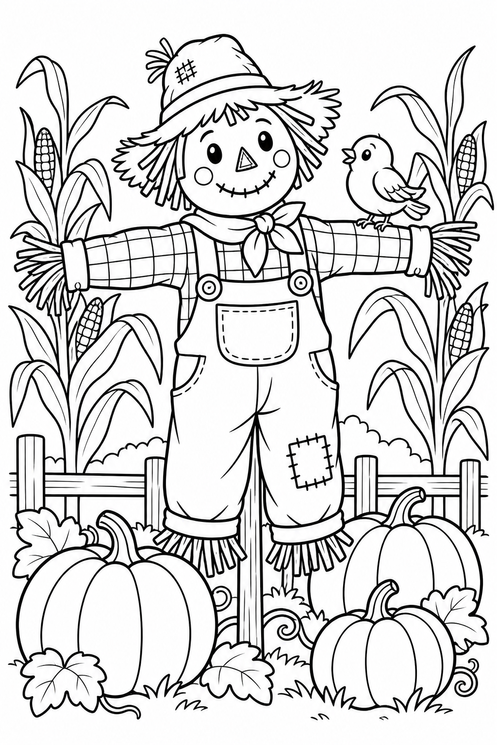 A smiling scarecrow in patched overalls stands among corn and pumpkins, with a little bird on its arm.