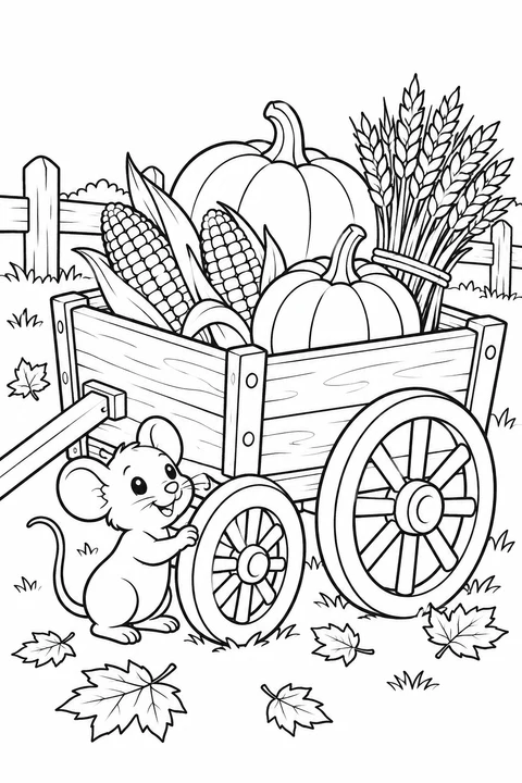 A friendly mouse stands beside a wooden wagon filled with corn, pumpkins and wheat.