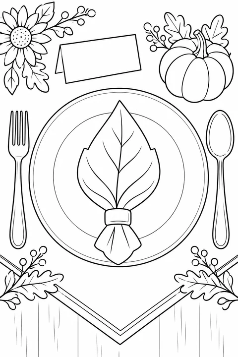 Seen from above, a plate, leaf-shaped napkin, spoon, fork, blank card and pumpkin make an autumn table setting.