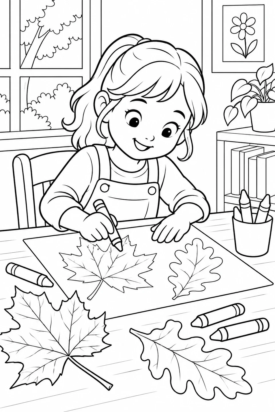 A child uses a crayon to draw maple and oak leaves at a craft table. Color the leaf outlines and scattered supplies for a Thanksgiving activity.