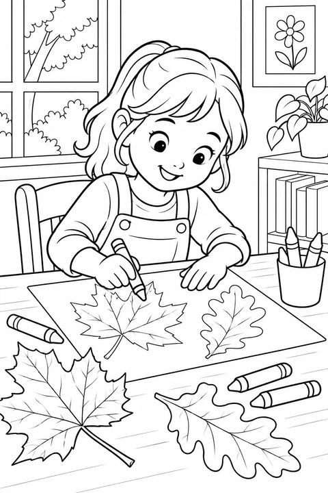 A child uses a crayon to draw maple and oak leaves at a craft table. Color the leaf outlines and scattered supplies for a Thanksgiving activity.