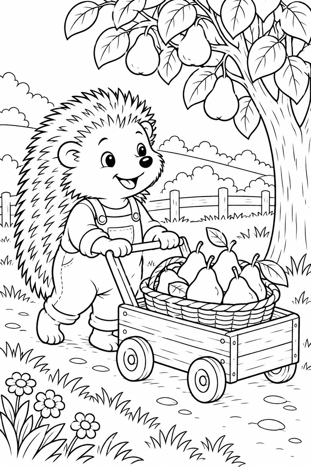 A cheerful hedgehog in overalls stands by a little wooden cart carrying a basket of pears beneath a pear tree.