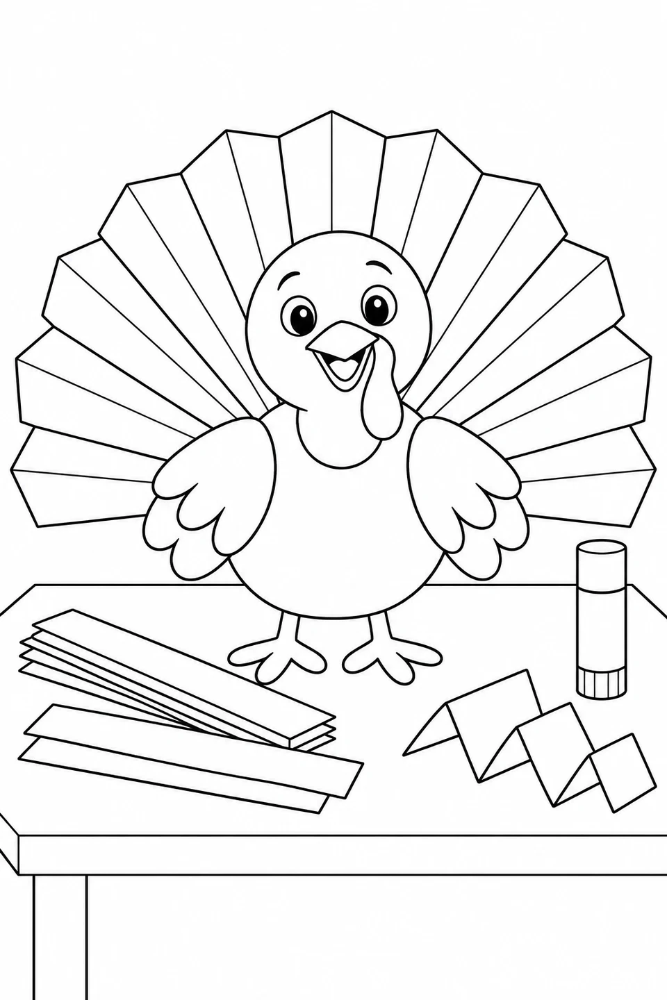 Un pavo sonriente de papel tiene una gran cola plegada en acordeón. Tiras de papel y pegamento acompañan esta manualidad de Acción de Gracias para colorear.
