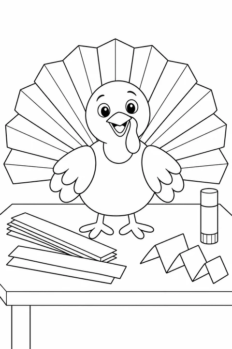 A smiling paper turkey has a wide accordion-folded tail. Paper strips and a glue stick sit nearby for this Thanksgiving craft coloring page.
