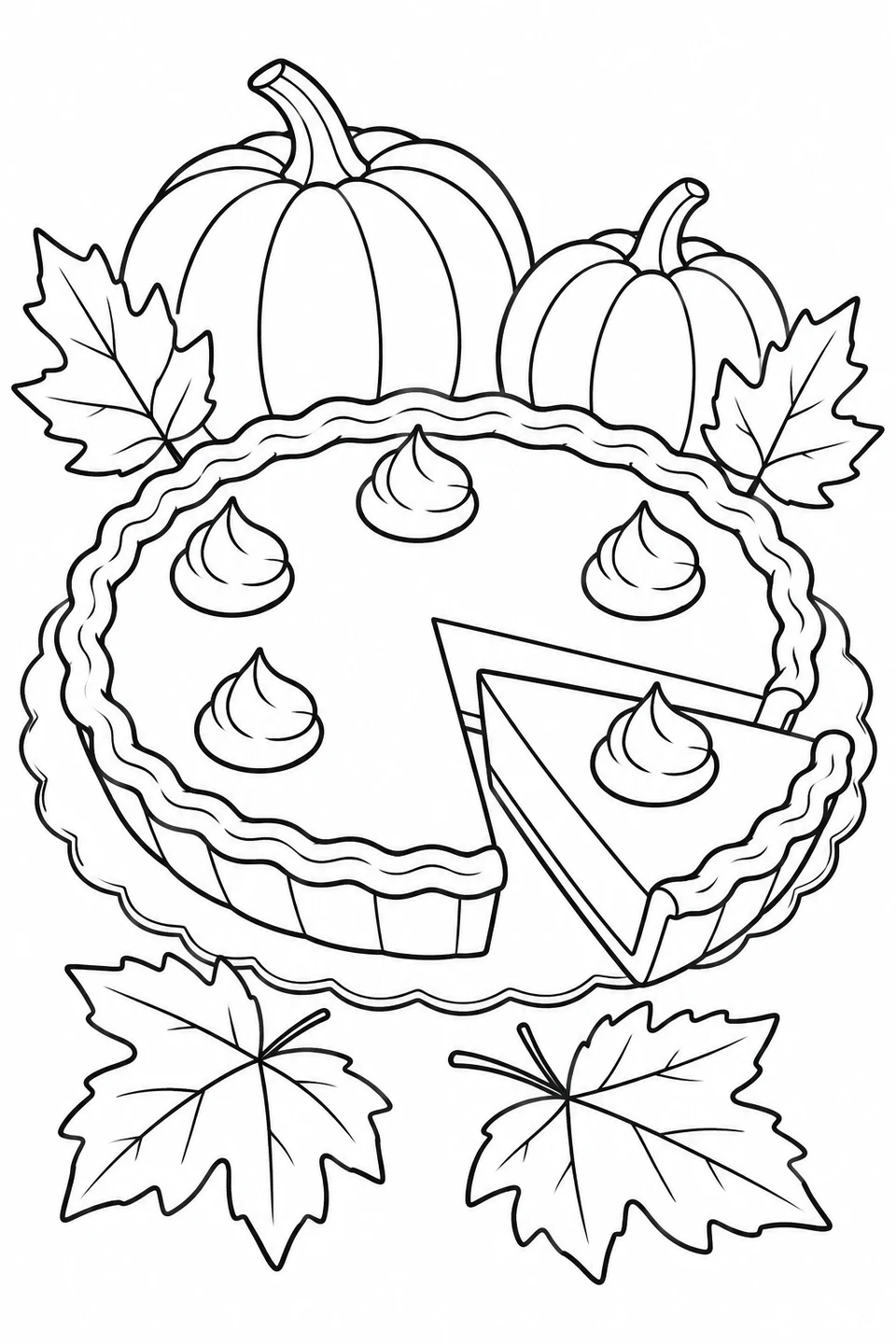 A pumpkin pie topped with cream has one slice pulled out, with pumpkins and autumn leaves around it.