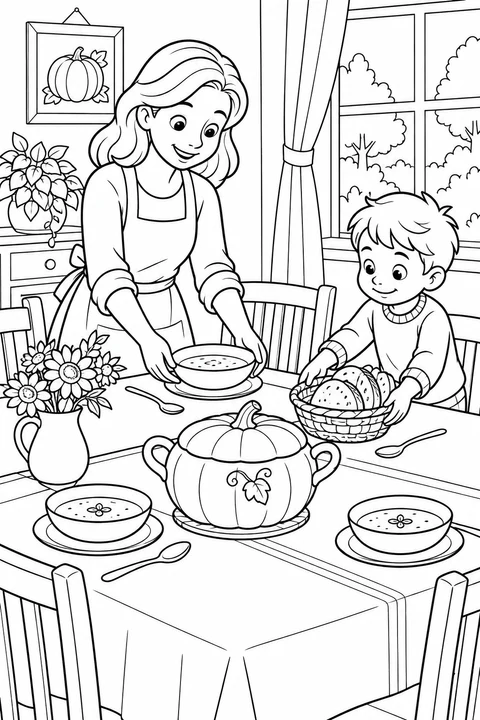 A mother serves pumpkin soup while a child brings bread to the table. A pumpkin-shaped tureen and flowers complete the family meal.
