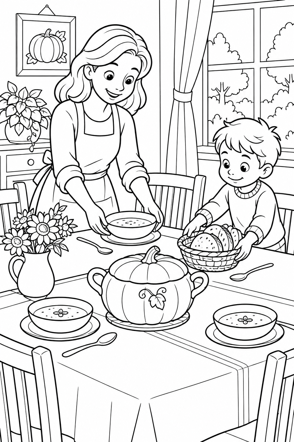 Een moeder serveert pompoensoep terwijl een kind brood op tafel zet. Een pompoenvormige soepterrine en bloemen maken de familiemaaltijd compleet.