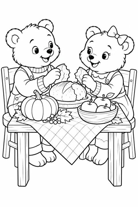 Two bear cubs share bread at a table decorated with apples and a pumpkin.